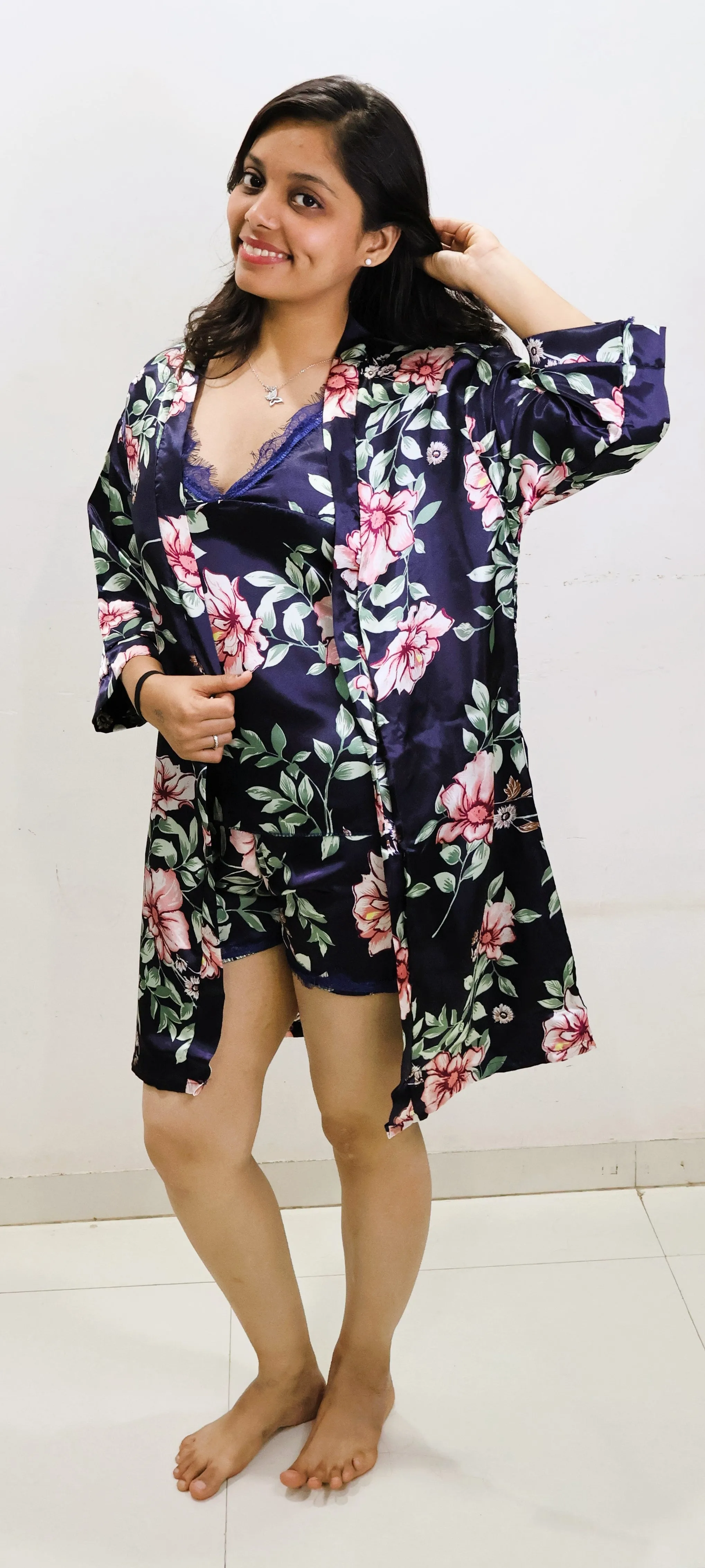 10061 - Ladies' Trio Floral-Styled Cami Robe with Shorts Pajama Ensemble