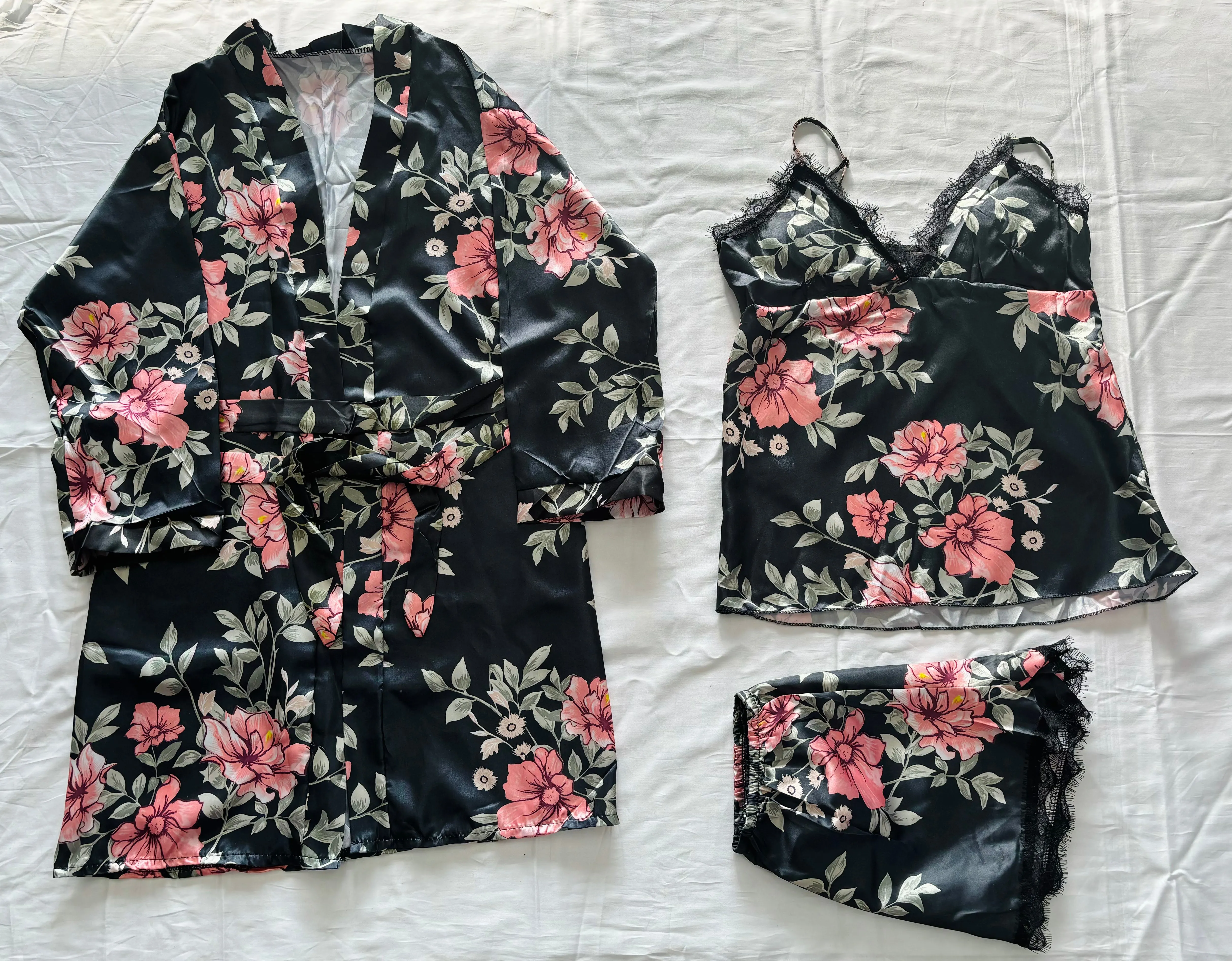 10061 - Ladies' Trio Floral-Styled Cami Robe with Shorts Pajama Ensemble