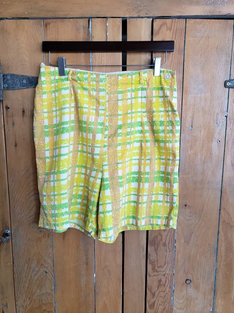 1960s Yellow Plaid Print Shorts / Medium