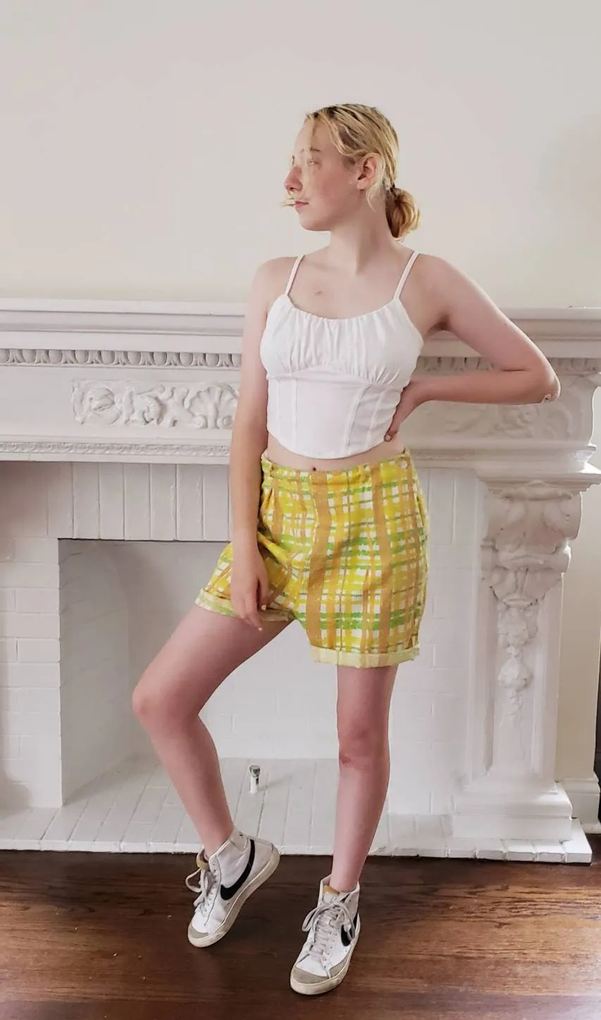 1960s Yellow Plaid Print Shorts / Medium