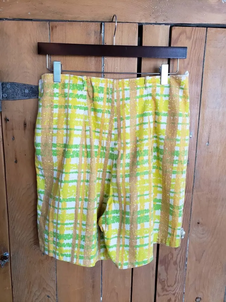 1960s Yellow Plaid Print Shorts / Medium