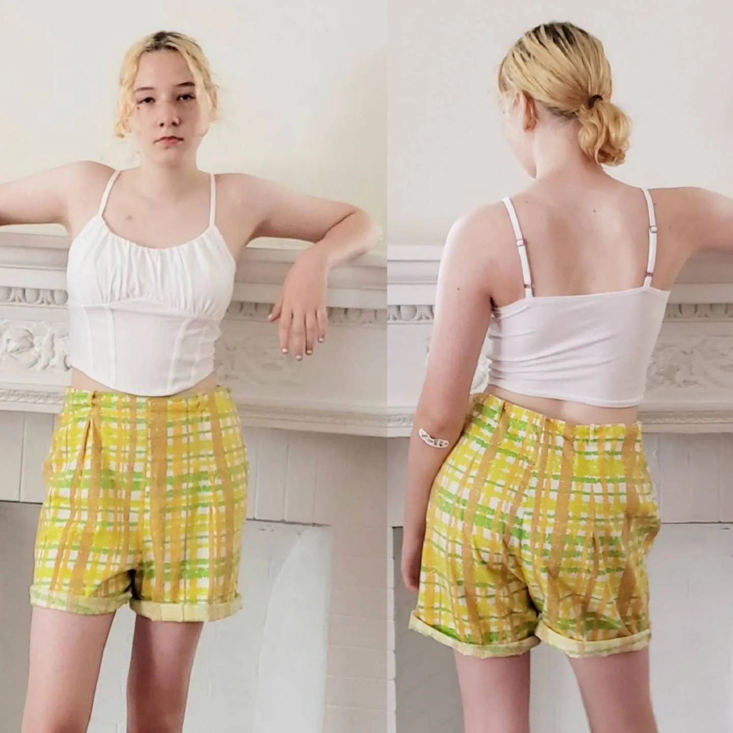 1960s Yellow Plaid Print Shorts / Medium