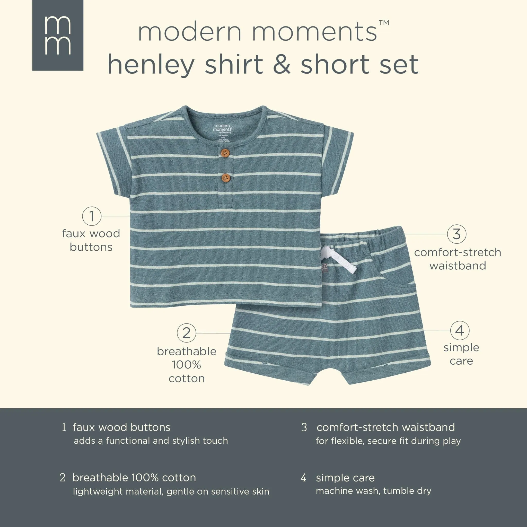 2-Piece Baby Boys Teal Stripe Henley Shirt and Shorts Set