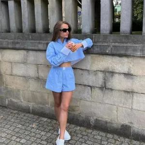 2024 Spring Women’s Striped Long Sleeve Shirt & Shorts Set