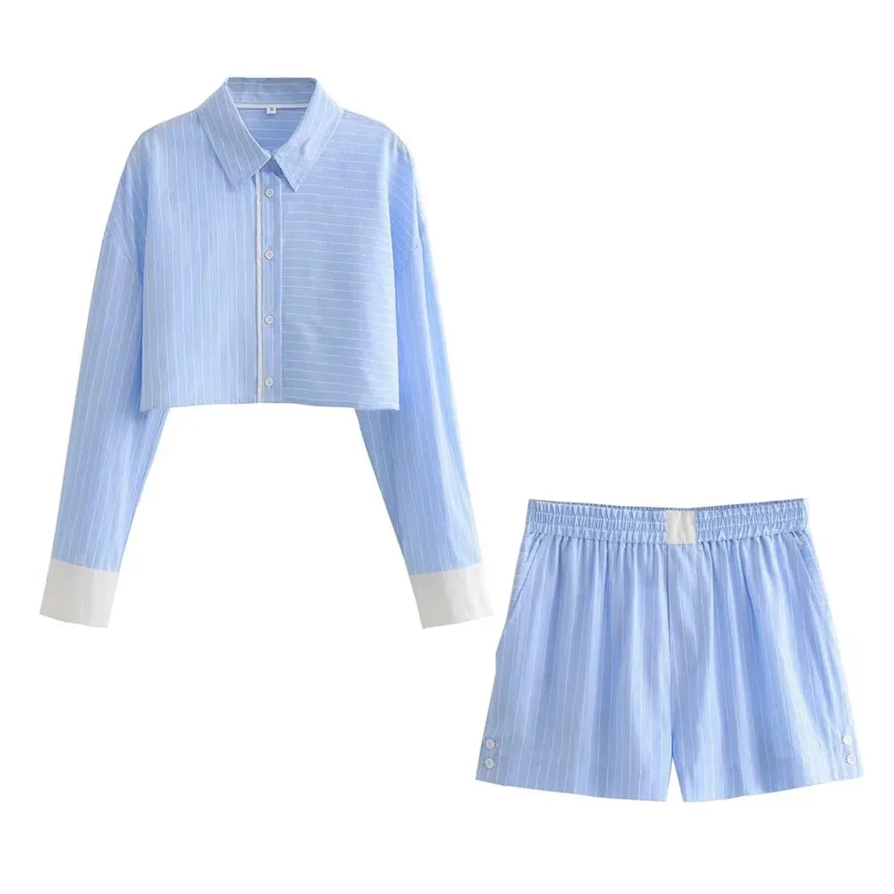 2024 Spring Women’s Striped Long Sleeve Shirt & Shorts Set