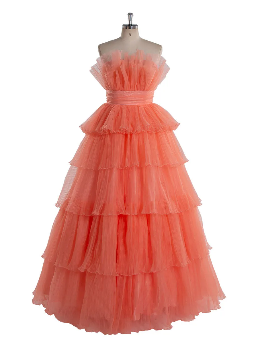 A-Line Pleated Layered Tulle Burgundy Colored Wedding Dresses #22043