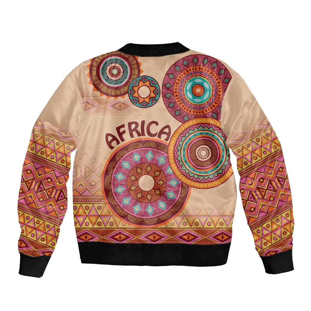 Afro Tribal Traditional Pattern Bomber Jacket Beige Motif LT9