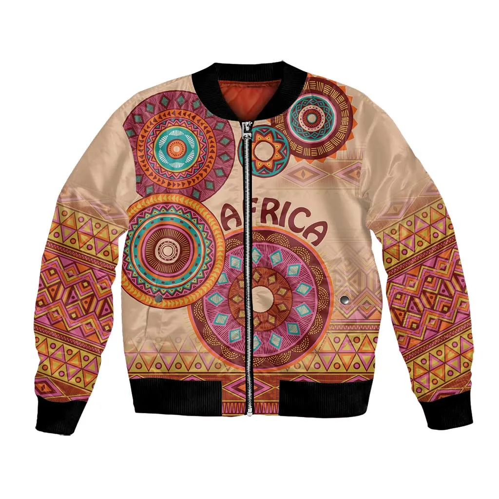 Afro Tribal Traditional Pattern Bomber Jacket Beige Motif LT9