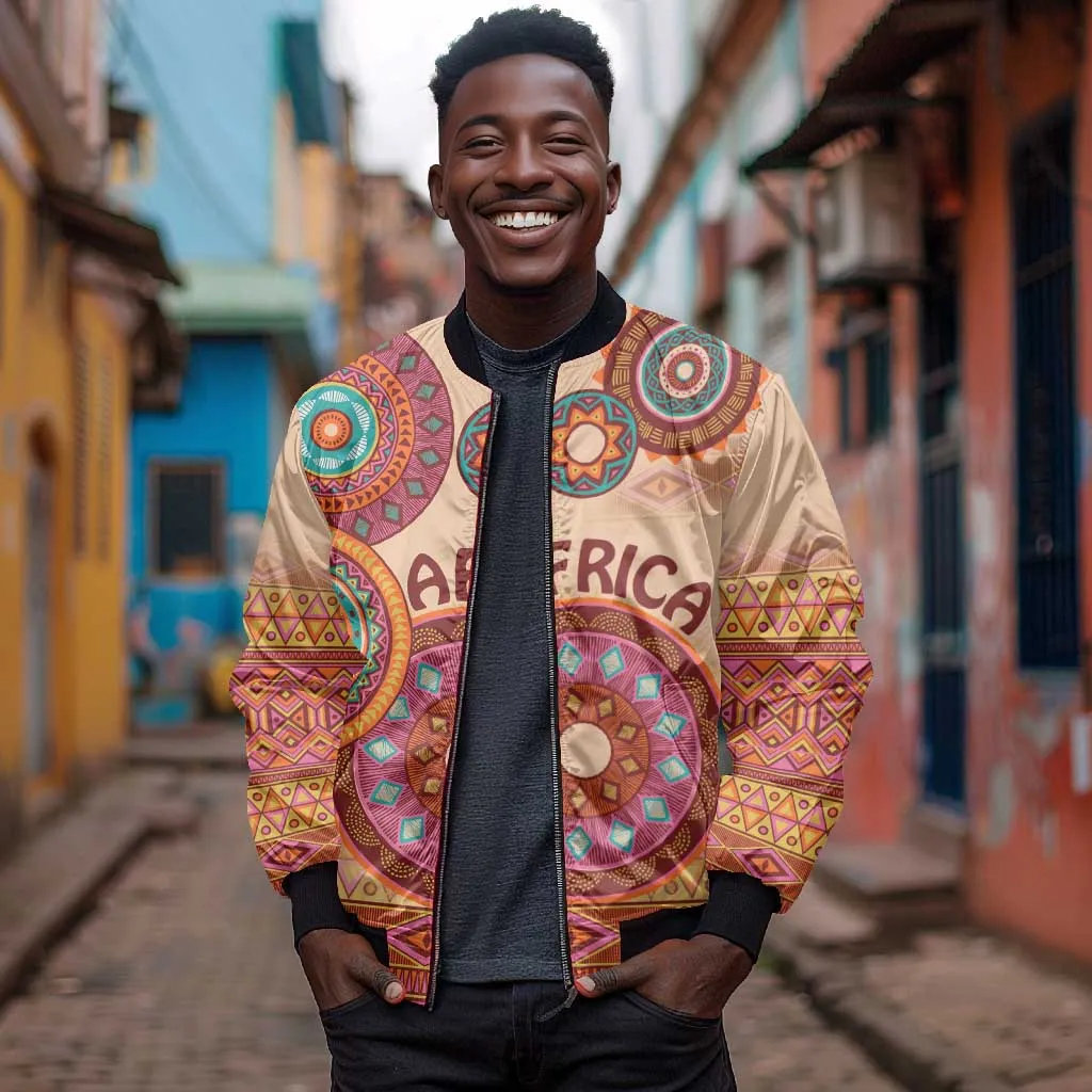 Afro Tribal Traditional Pattern Bomber Jacket Beige Motif LT9