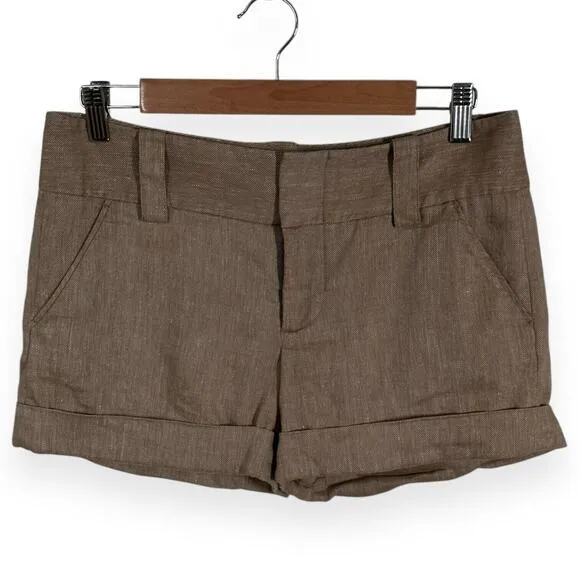 ALICE   OLIVIA Linen Blend Cuffed Shorts MidRise Brown Beige Contemporary Chic 4