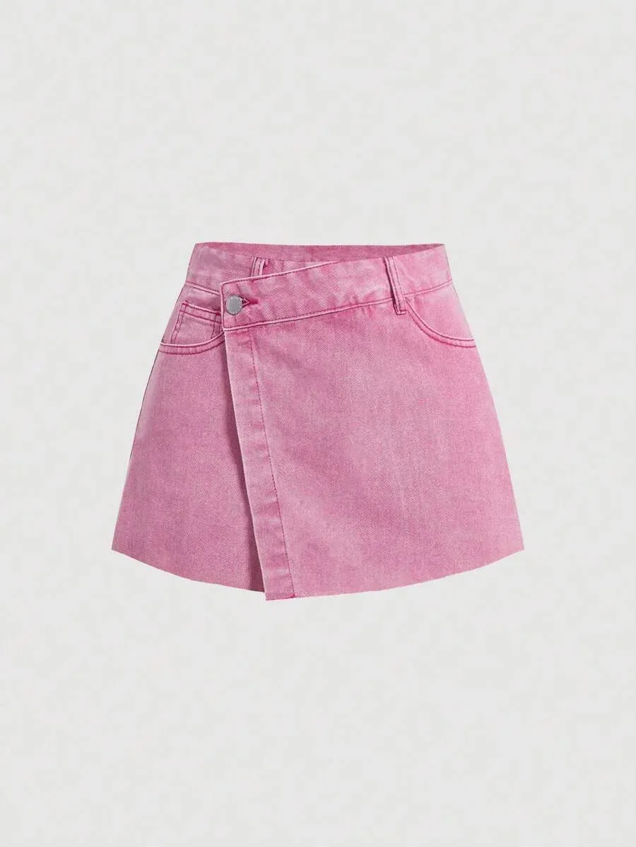 Ambra Denim Shorts Women's Chic Summer Skirt in Pink