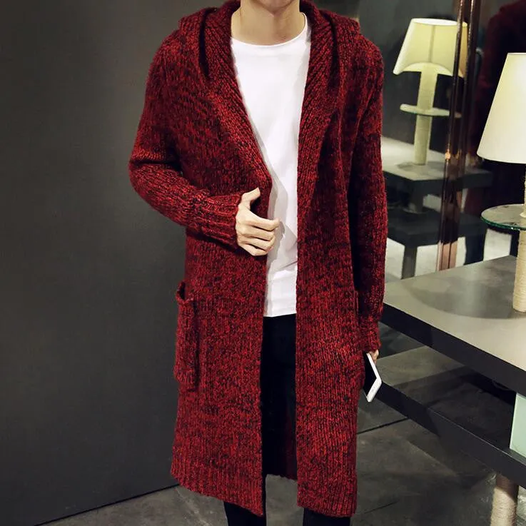 Autumn Winter Loose Long Mens Cardigans Sweaters Fashion Big Size Jumpers Mens Hooded Sueter Knit Sweater Jersey