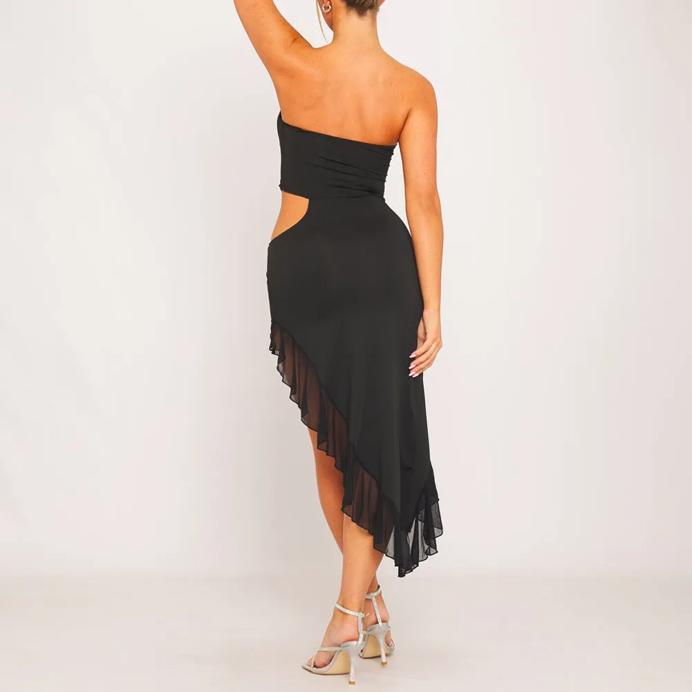 Bandeau Cut Out Frill Detail Asymmetric Midi Dress
