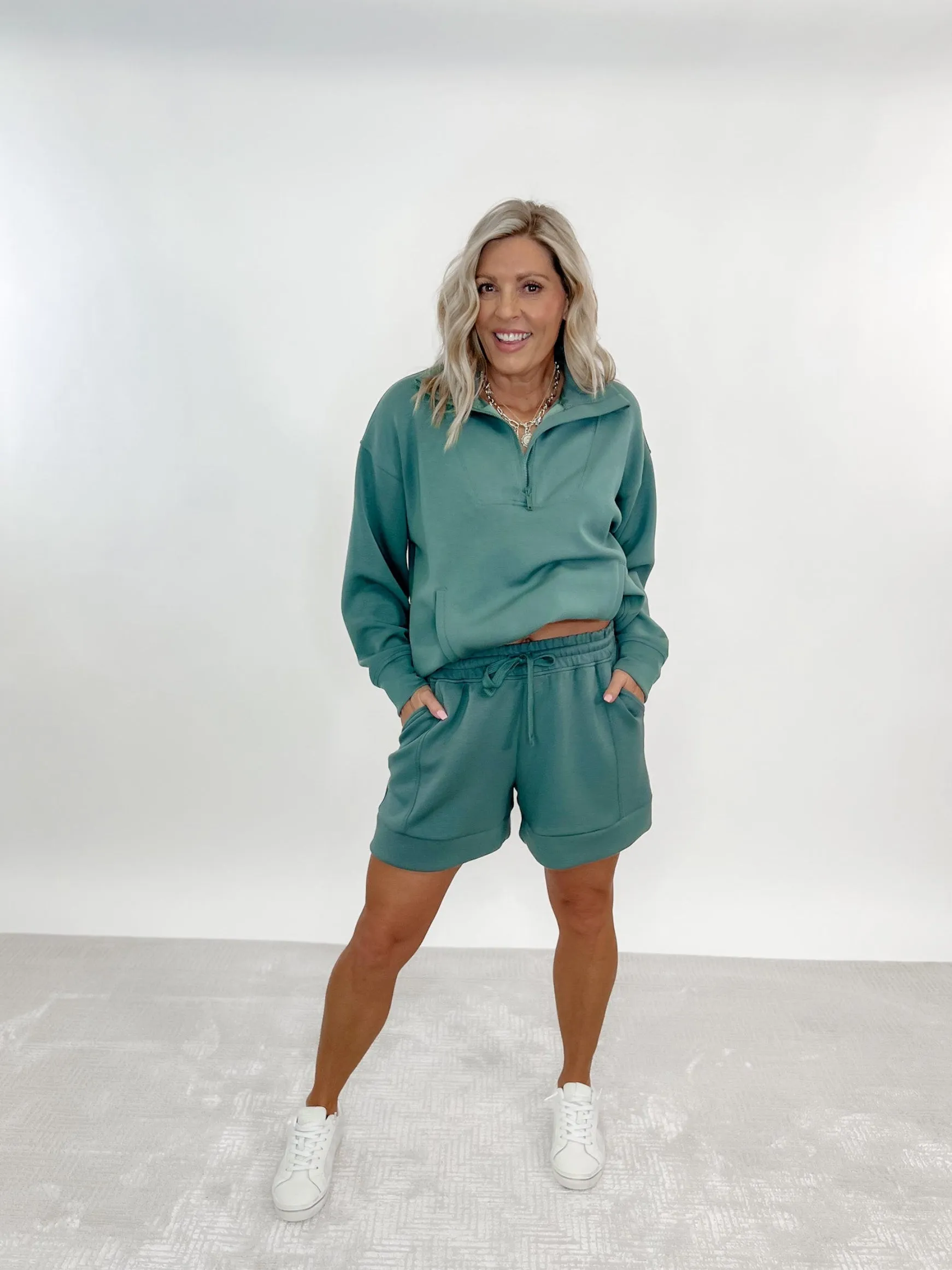 Beat These Pleated Scuba Shorts, Sage Leaf