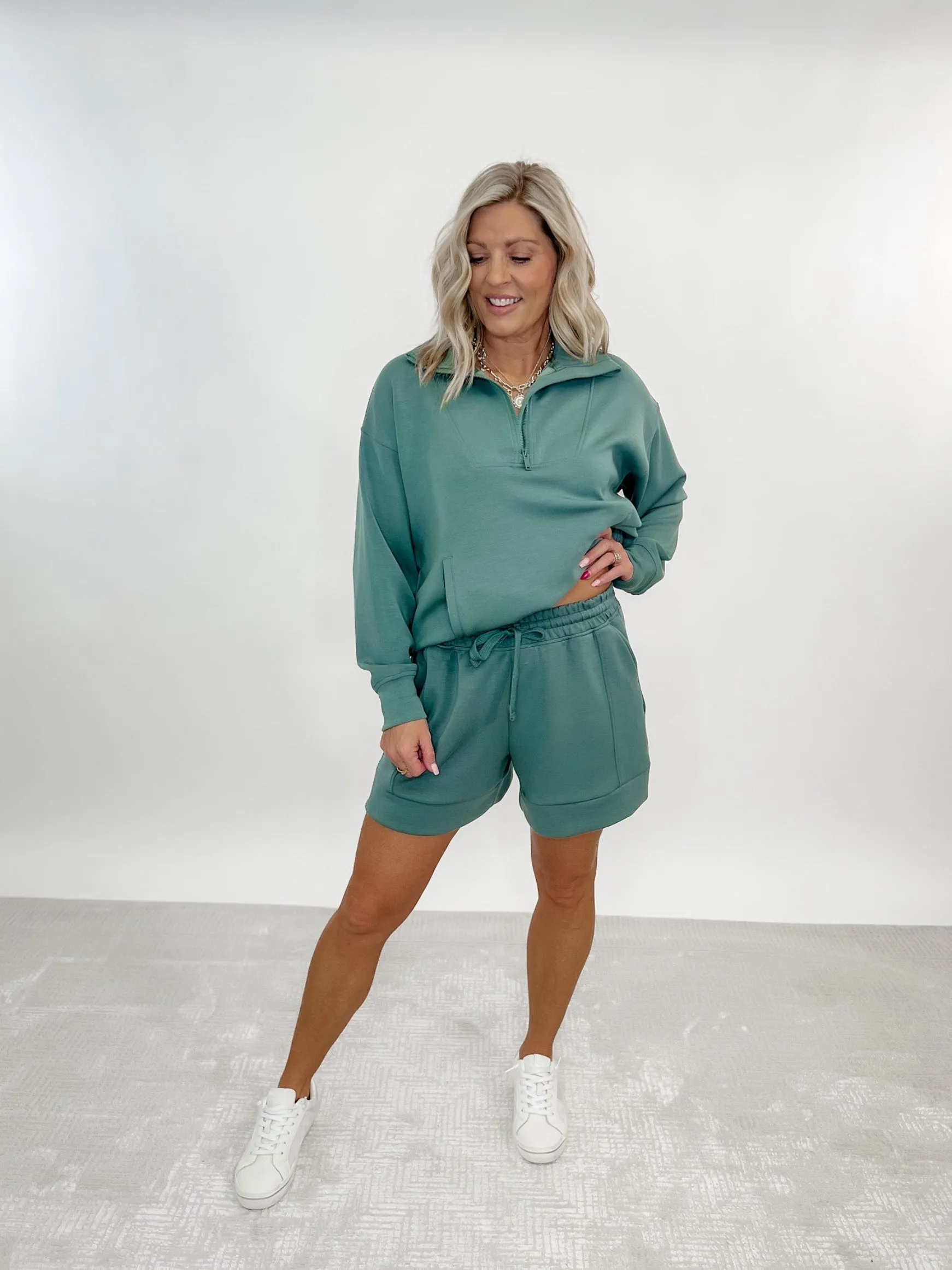 Beat These Pleated Scuba Shorts, Sage Leaf