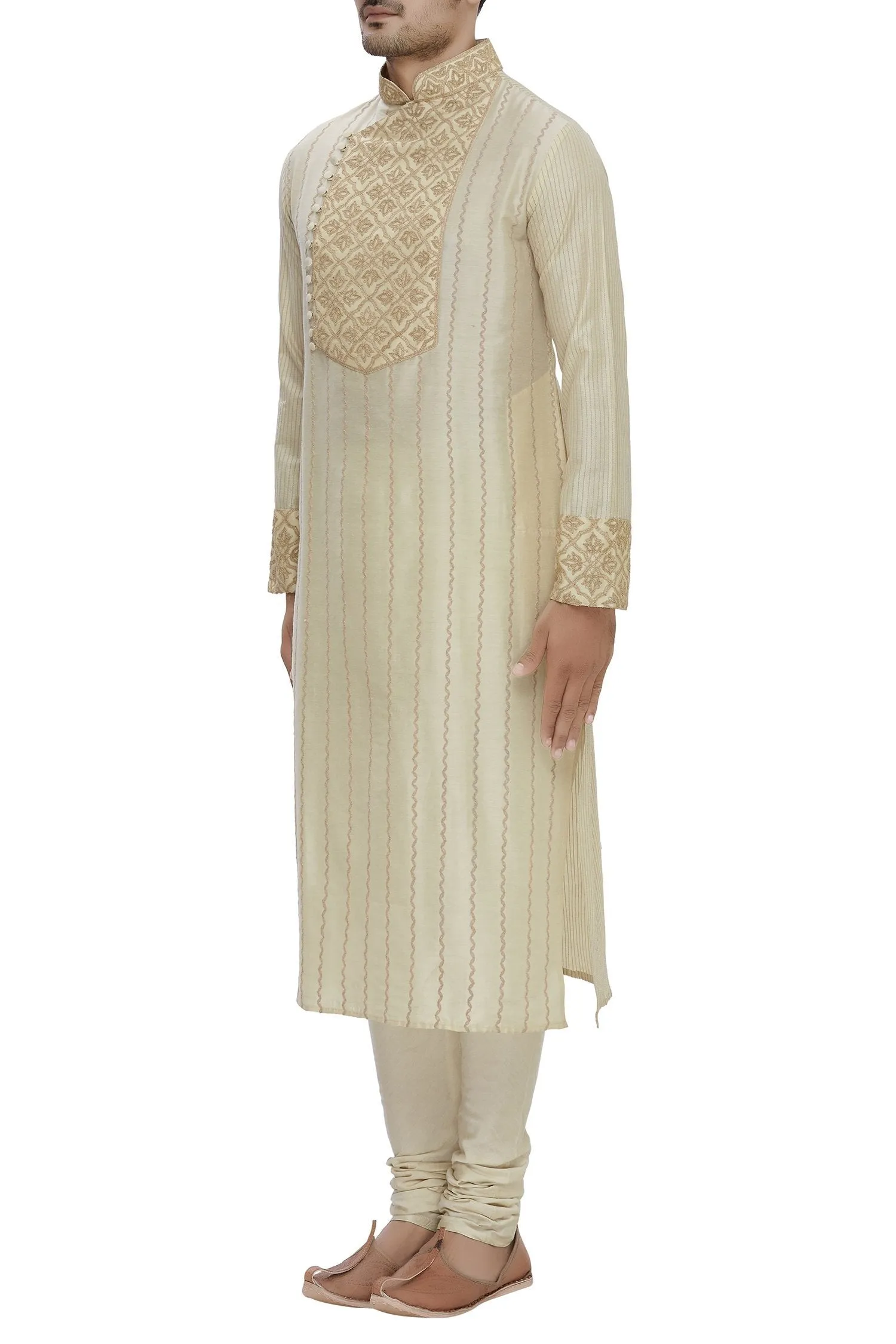 Beige Cotton Silk Embroidered Kurta Set