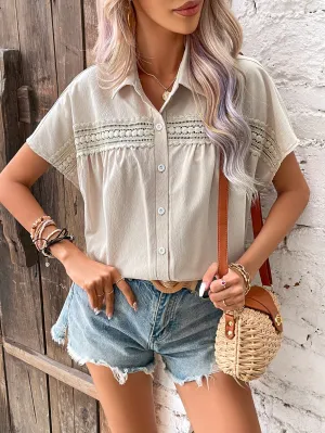 Beige Front Buttoned Shirt With Lace Details