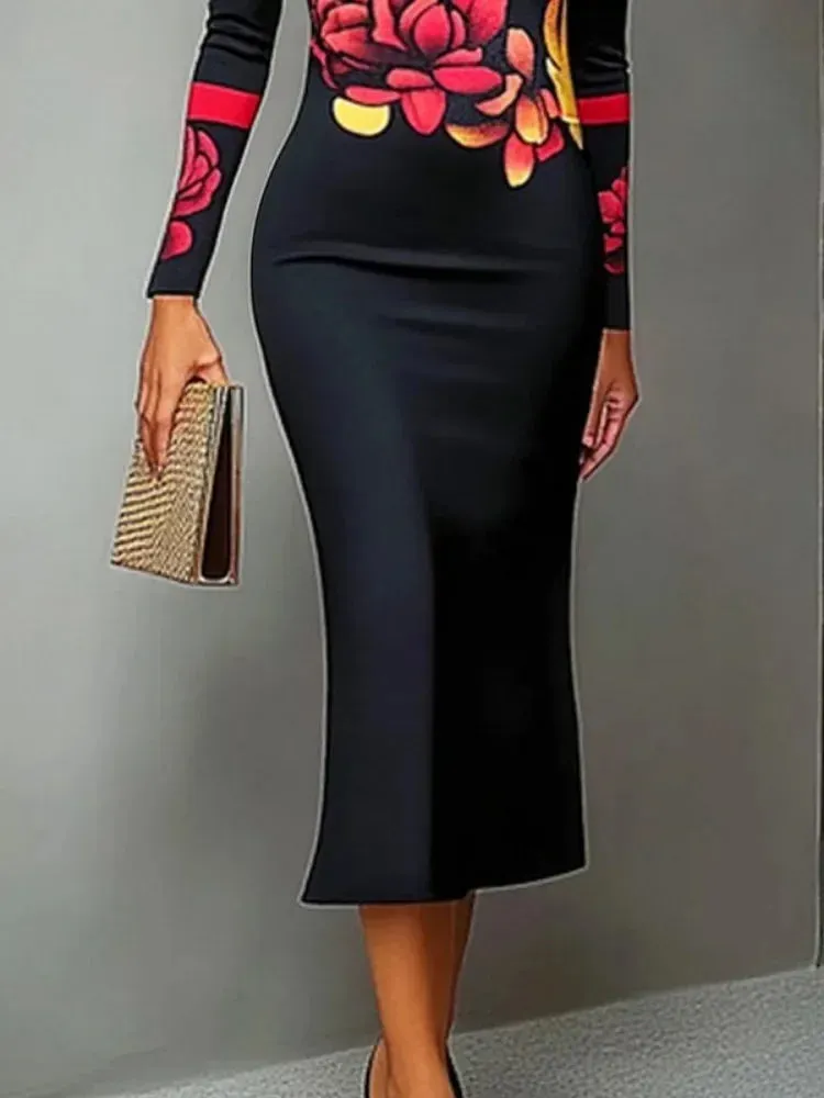 Black and Red Floral Print Evening High Neck Bodycon Dress