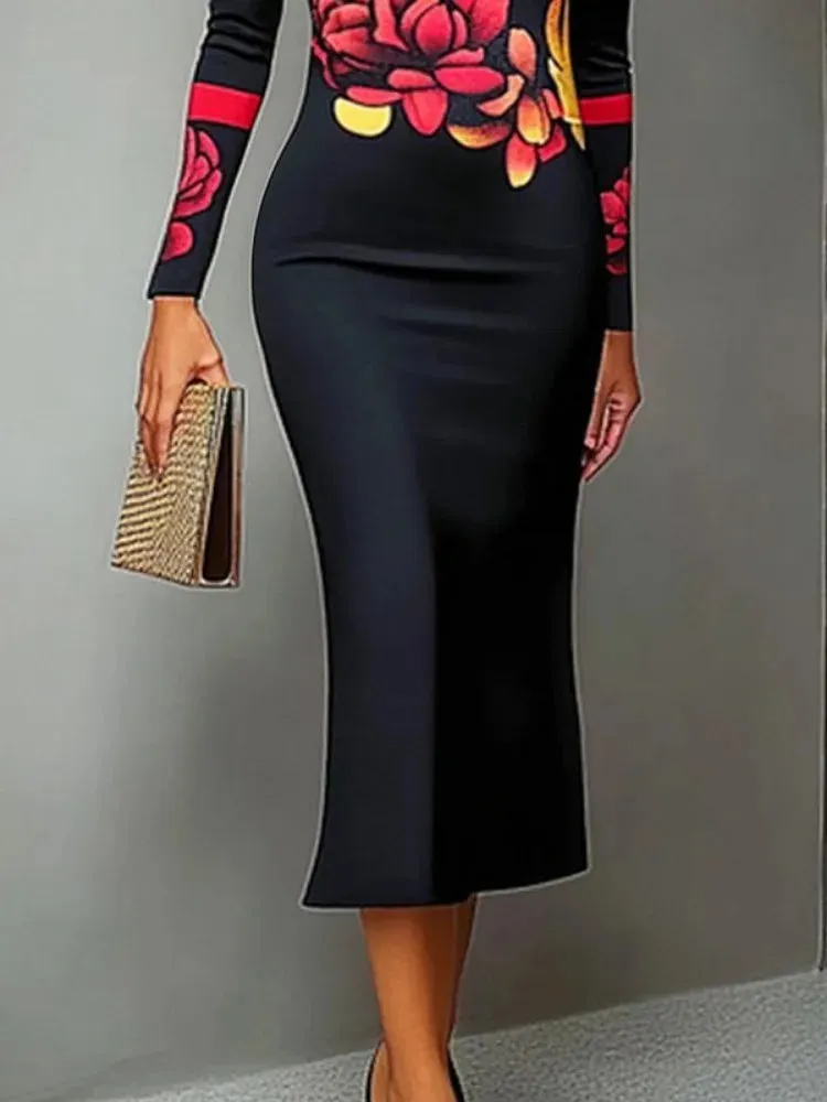 Black and Red Floral Print Evening High Neck Bodycon Dress