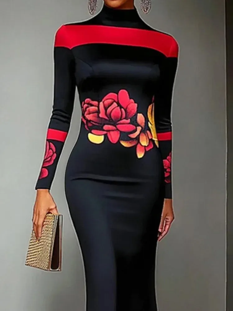 Black and Red Floral Print Evening High Neck Bodycon Dress