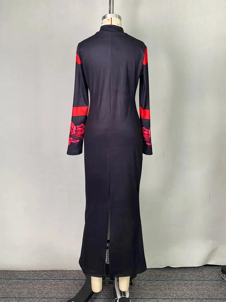 Black and Red Floral Print Evening High Neck Bodycon Dress