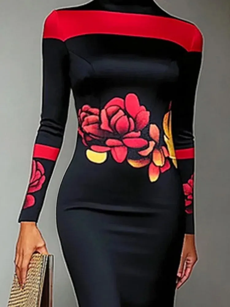 Black and Red Floral Print Evening High Neck Bodycon Dress