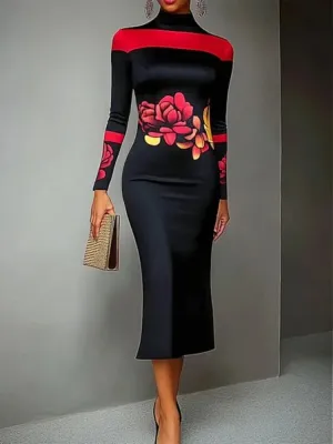 Black and Red Floral Print Evening High Neck Bodycon Dress