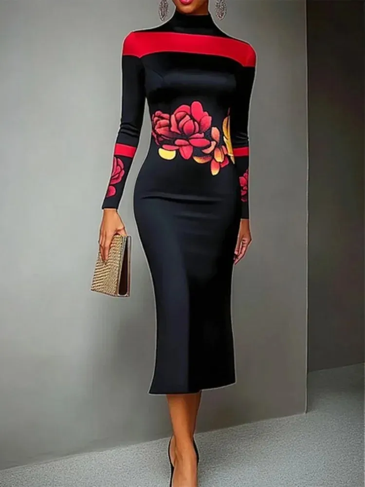 Black and Red Floral Print Evening High Neck Bodycon Dress
