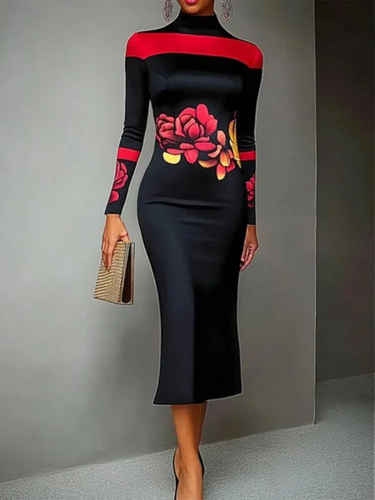 Black and Red Floral Print Evening High Neck Bodycon Dress