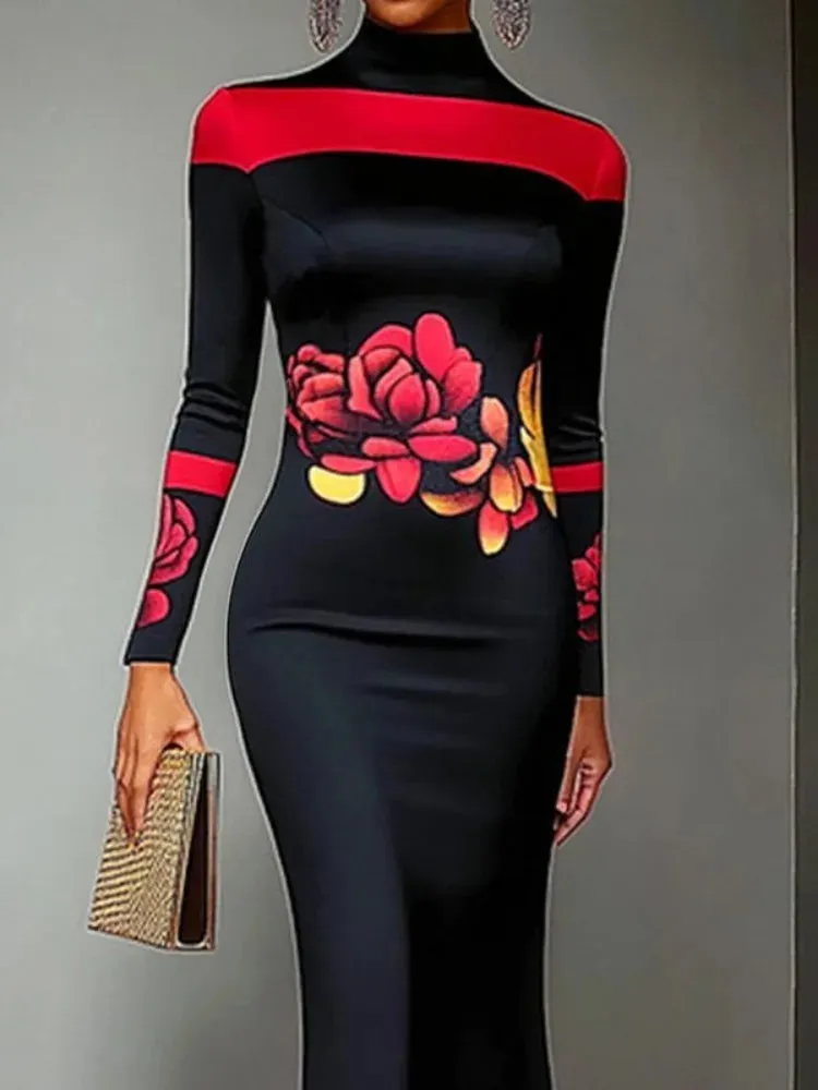 Black and Red Floral Print Evening High Neck Bodycon Dress