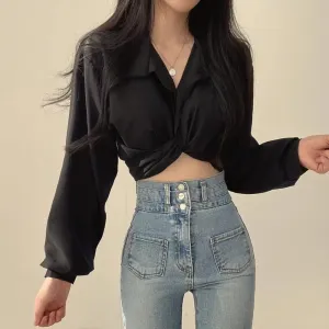 Black Knotted Puff Sleeved Shirt