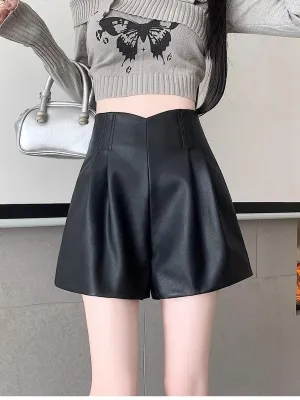 Black Pleated Pu Shorts