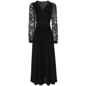 Blaire  V-Neck Jacquard Lantern Sleeve Black Dress