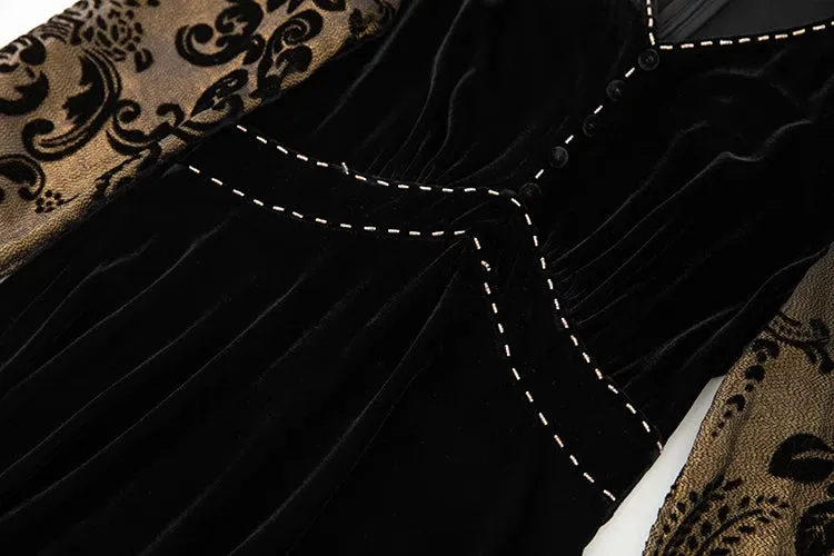 Blaire  V-Neck Jacquard Lantern Sleeve Black Dress