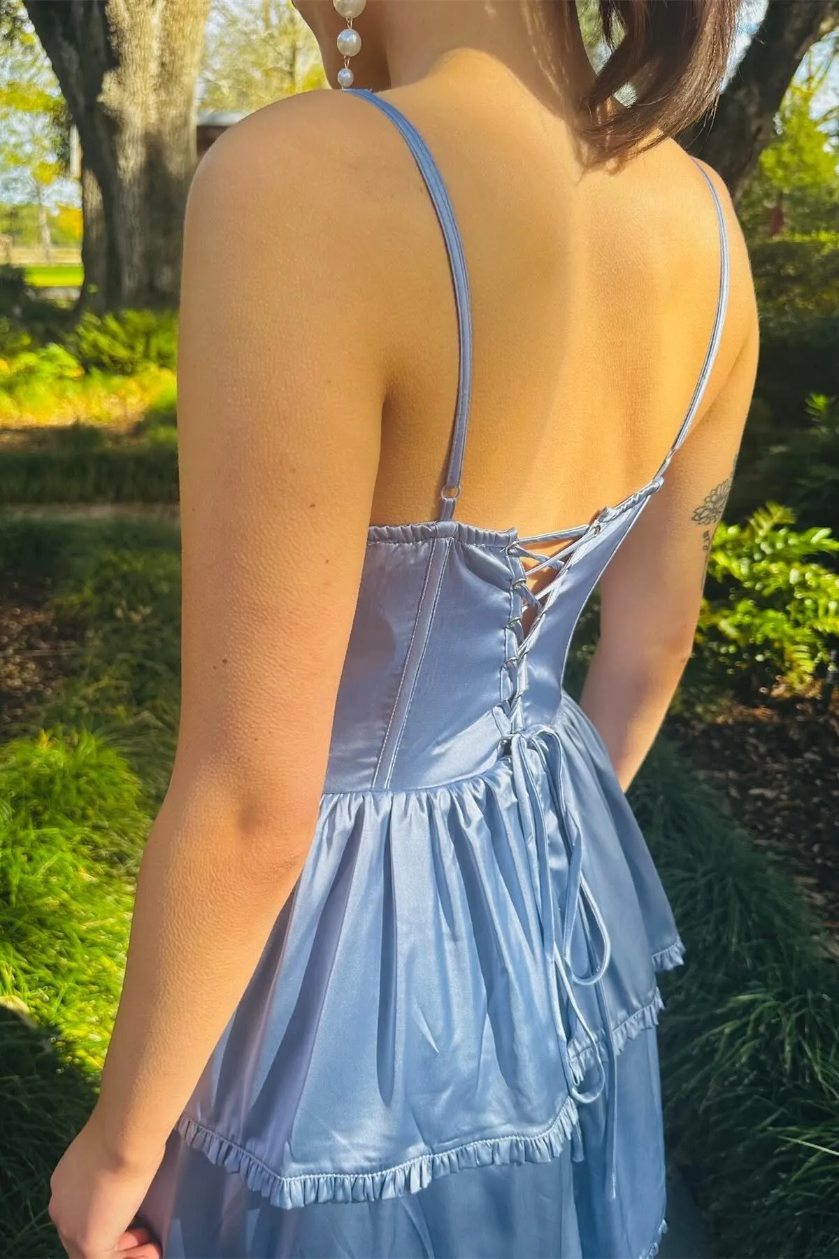 Blue Layered A-line Long Party Dress with Slit