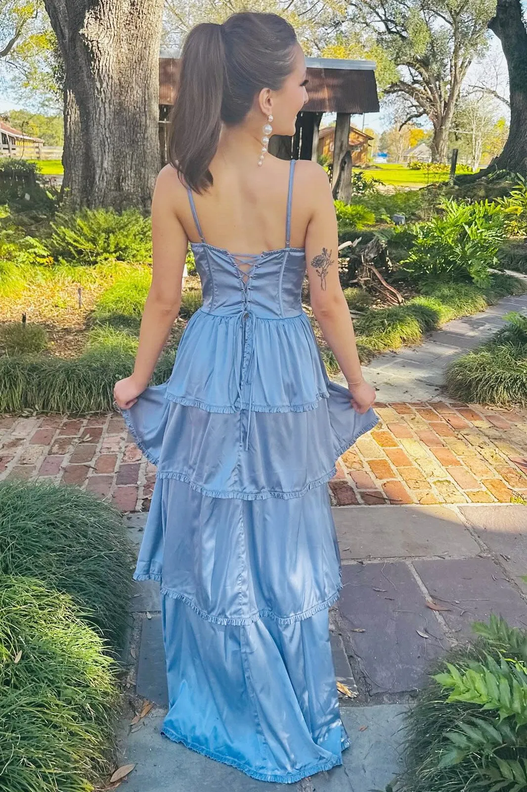 Blue Layered A-line Long Party Dress with Slit