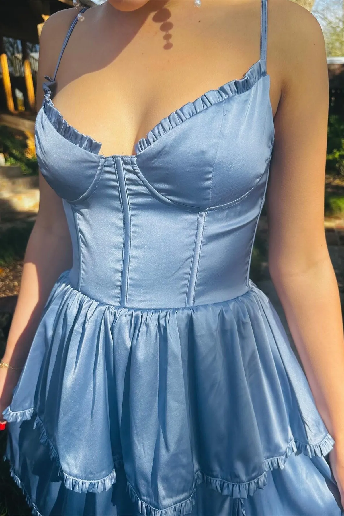 Blue Layered A-line Long Party Dress with Slit