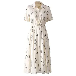 Booker Turn-down Collar Single Breasted Lace-Up Embroidery Office Lady Dress
