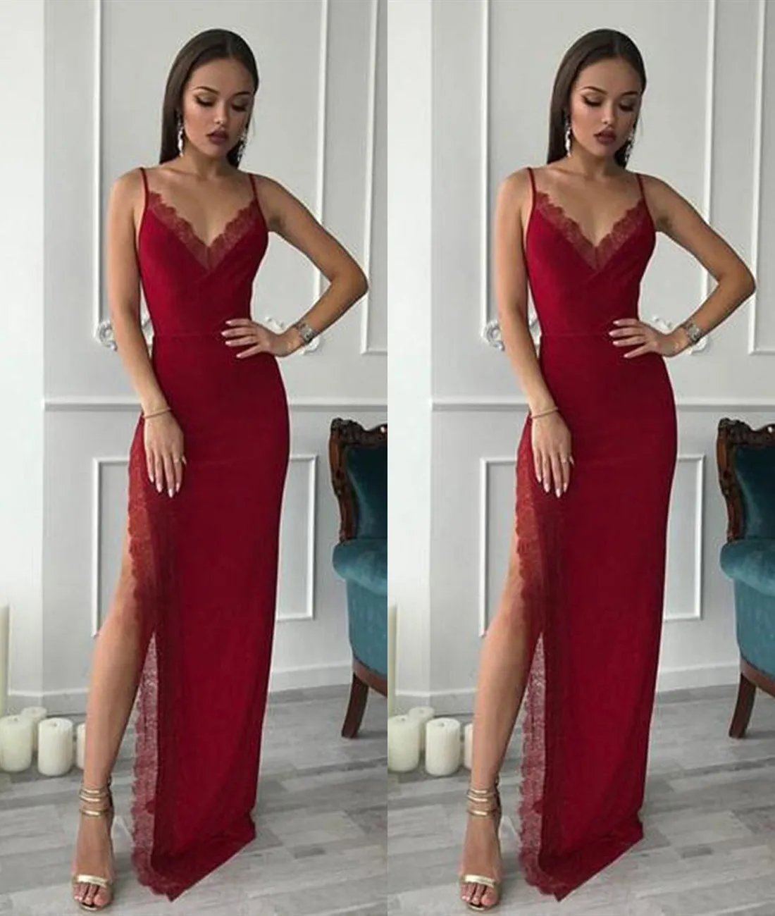Burgundy Spaghetti Straps Lace Long Prom Dresses with Side High Slit, Burgundy Graduation Dresses, Burgundy Formal Evening Dresses