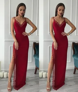 Burgundy Spaghetti Straps Lace Long Prom Dresses with Side High Slit, Burgundy Graduation Dresses, Burgundy Formal Evening Dresses