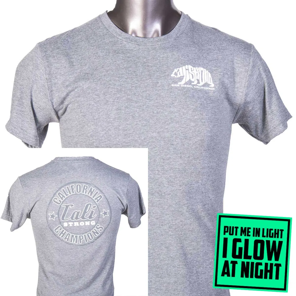 CALI Strong Word Bear Performance T-shirt Gray Heather Glow in the Dark