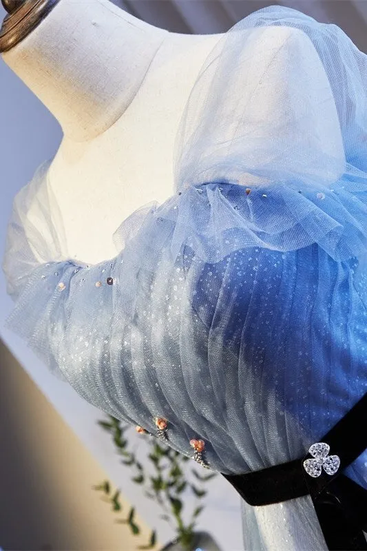 Cap Sleeves Blue A-line Tulle Long Formal Dress