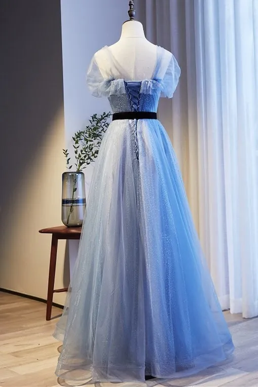 Cap Sleeves Blue A-line Tulle Long Formal Dress