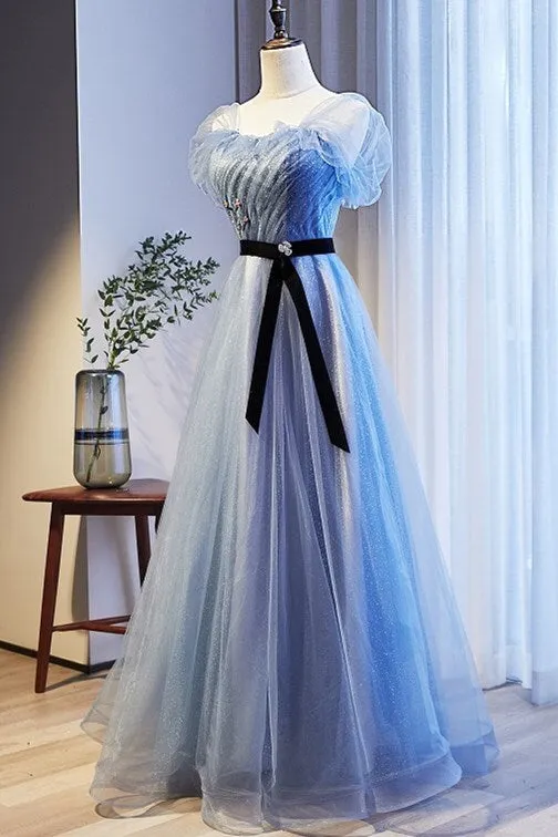 Cap Sleeves Blue A-line Tulle Long Formal Dress