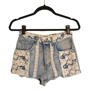 CARMAR Ivory Lace Medium Blue Denim Jean Raw Hem Mini Shorts 24