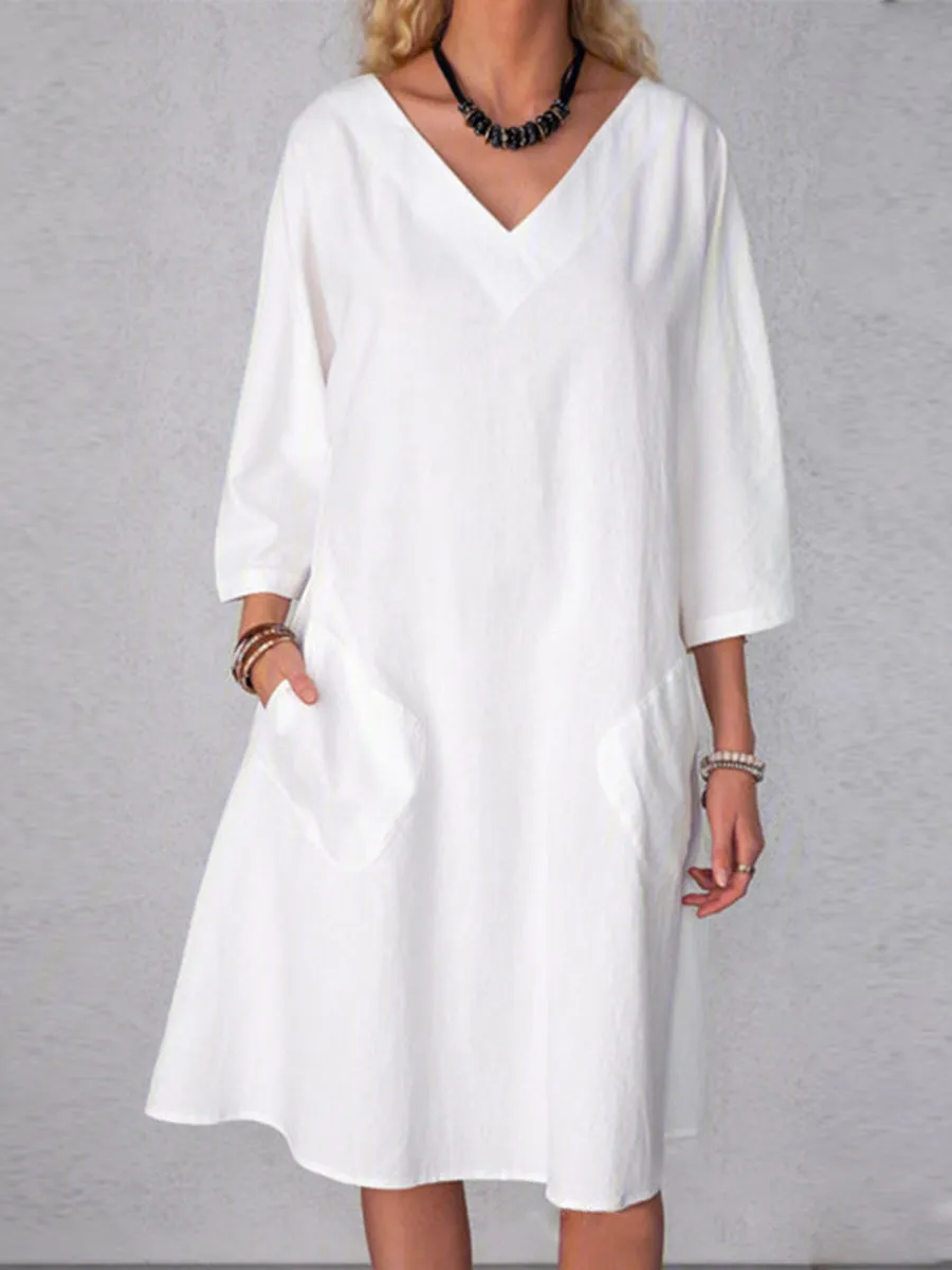 Casual V-Neck Women'S Cotton And Linen Dress