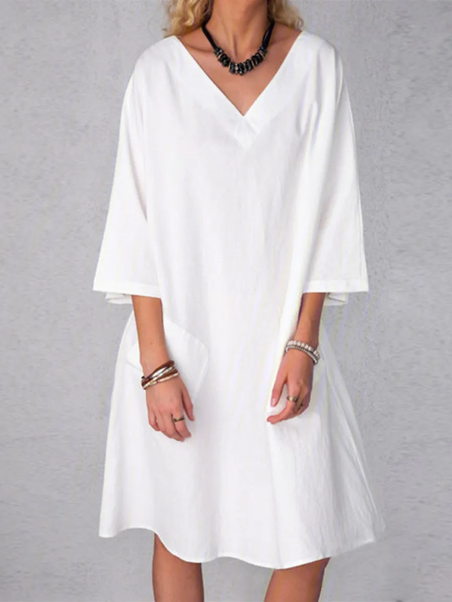 Casual V-Neck Women'S Cotton And Linen Dress
