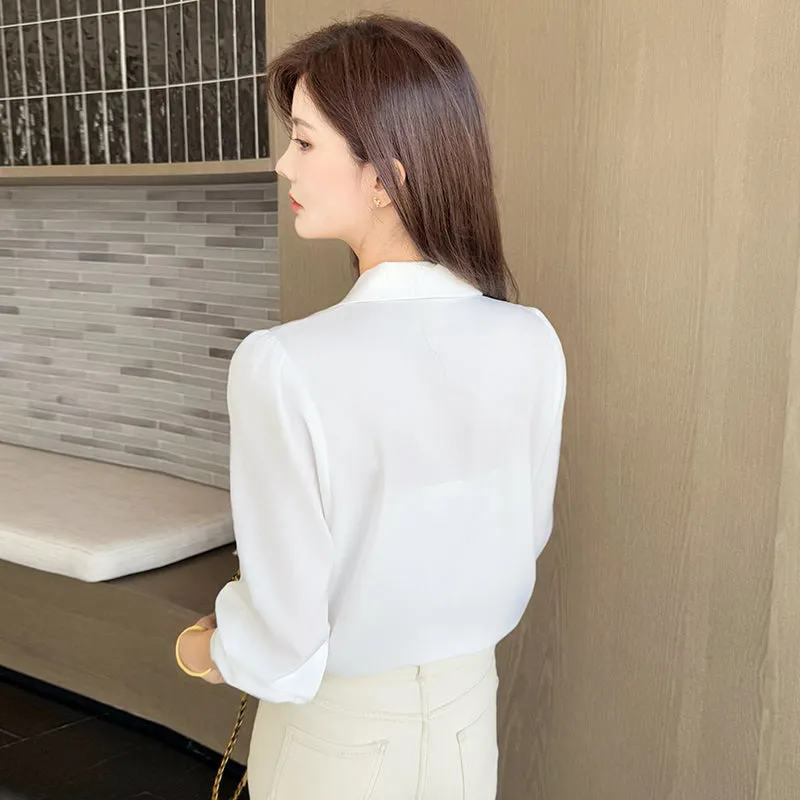 Chic French Style Solid White Satin Dress Shirt