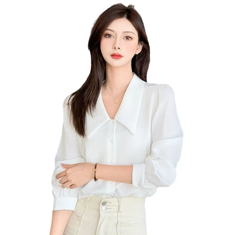 Chic French Style Solid White Satin Dress Shirt
