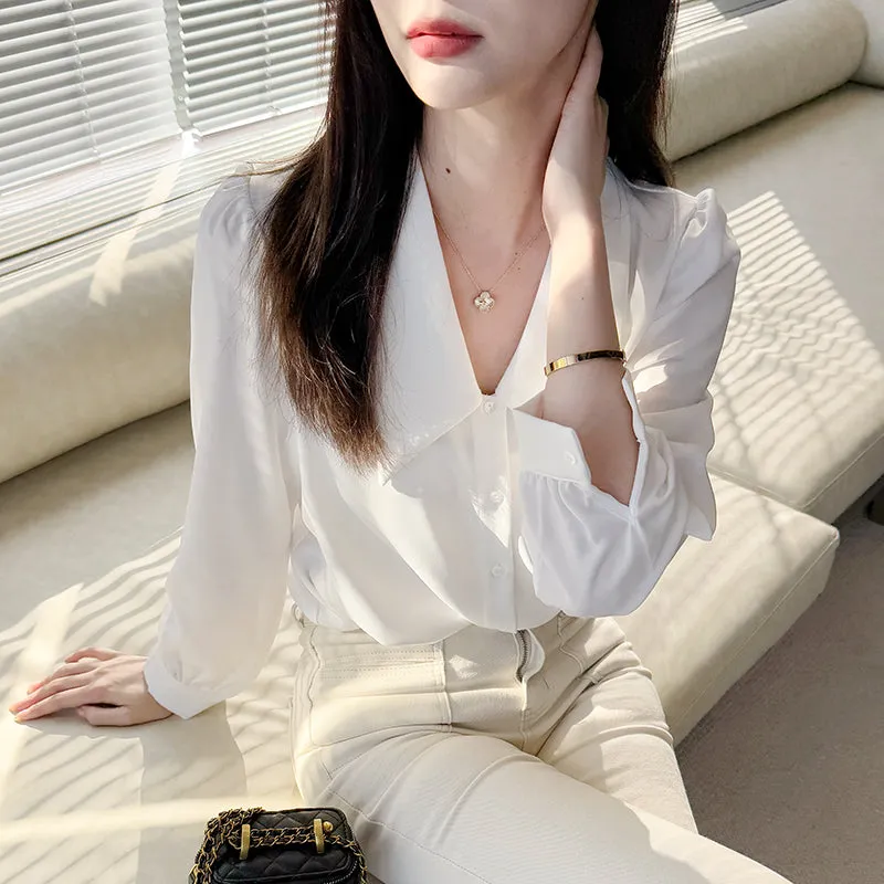 Chic French Style Solid White Satin Dress Shirt